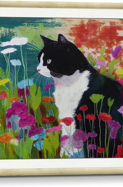 Black & White Tuxedo Cat in Wildflower Field Wall Art