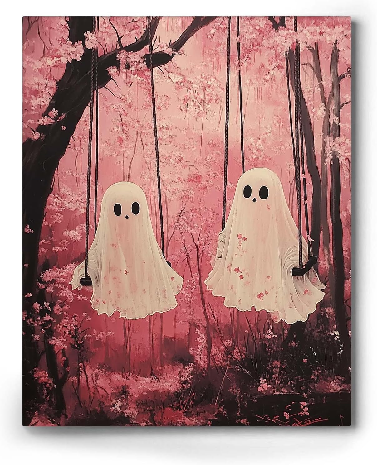 Little Ghost Face Spooky Artwork: Pink Halloween Wall Decor