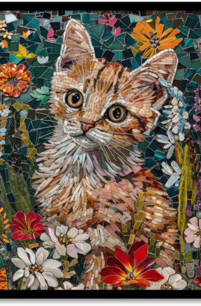Cat Mosaic Wall Art: Cute Kitten in Flower Field