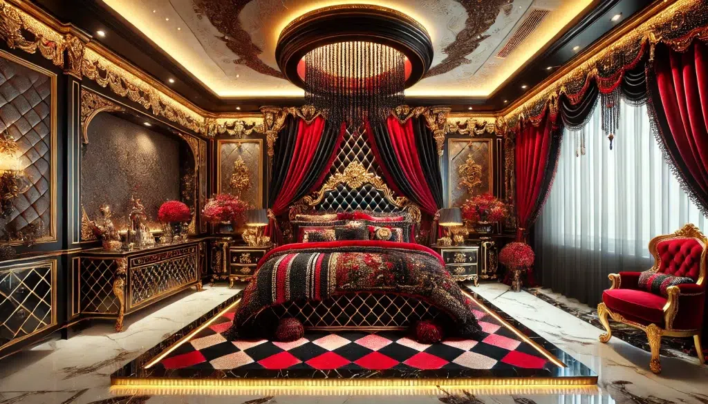Opulent Bedroom Featuring a Whimsigoth Glam Interior Design Theme