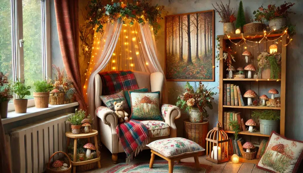 Colorful Dreamy Fall Farmhouse Reading Nook that is Cozy featuring Fairy Lights