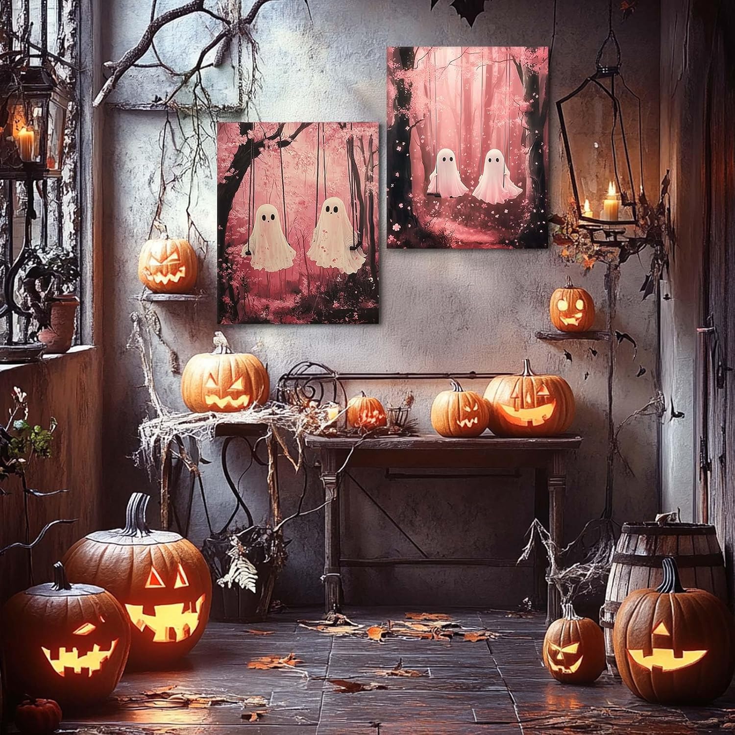 Little Ghost Face Spooky Artwork Pink Halloween Wall Decor