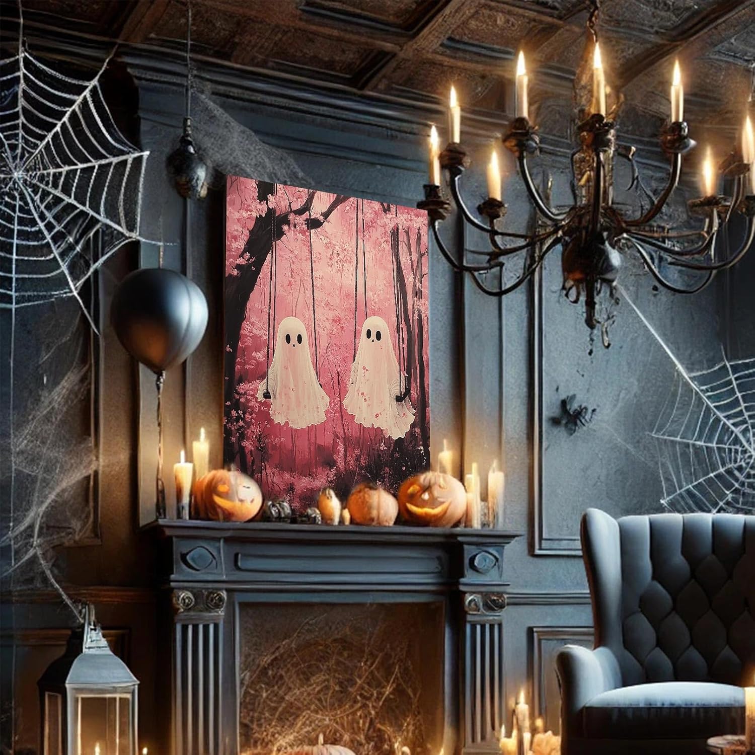 Little Ghost Face Spooky Artwork Pink Halloween Wall Decor