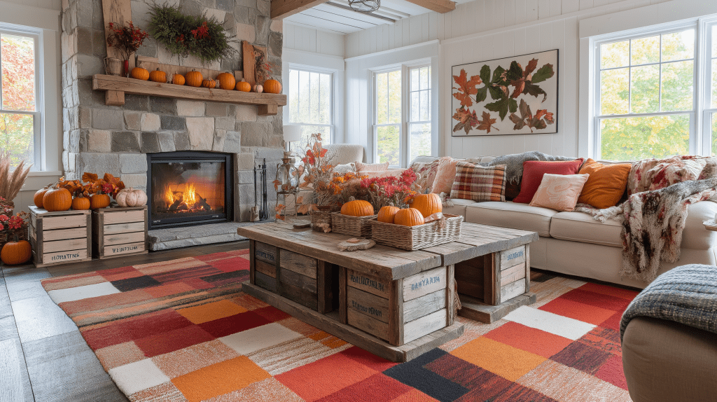 Rustic yet Colorful Bold Fall Farmhouse Living Room Interior Design Idea