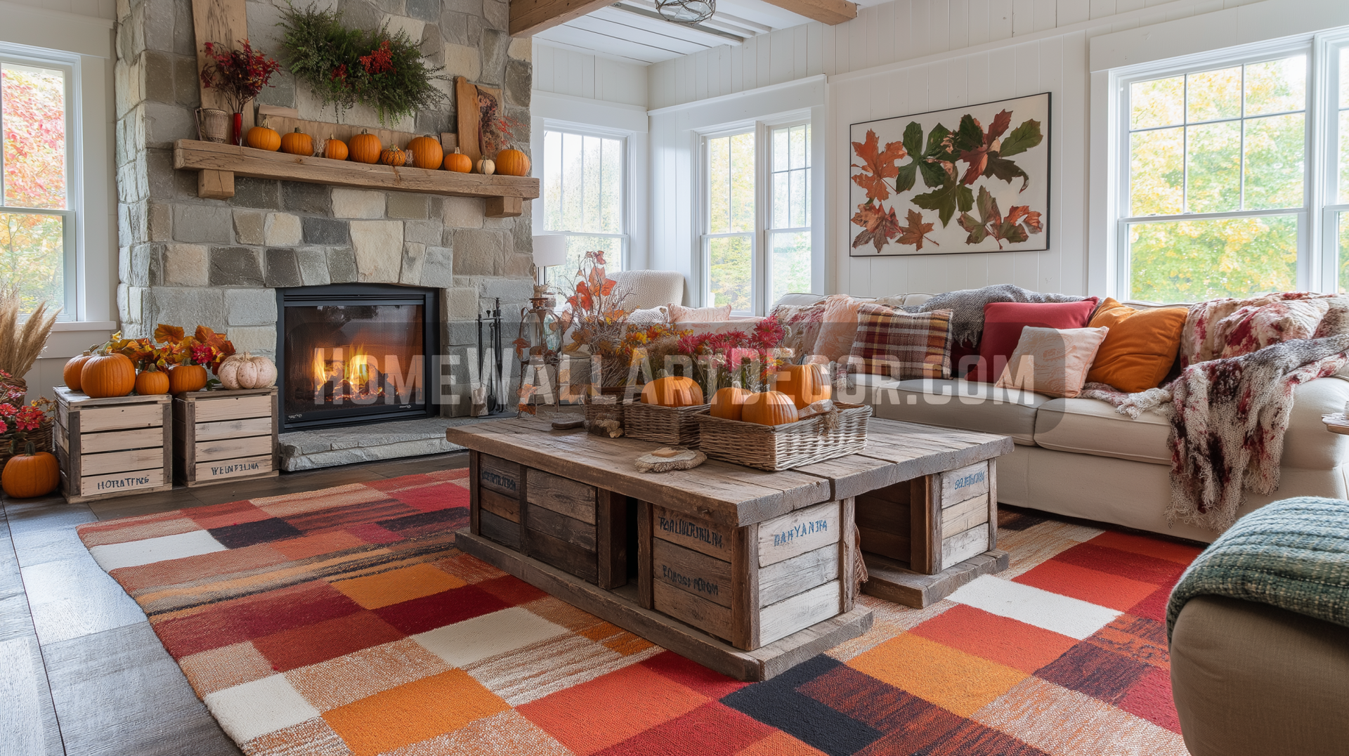 Rustic yet Colorful Bold Fall Farmhouse Living Room Interior Design Idea