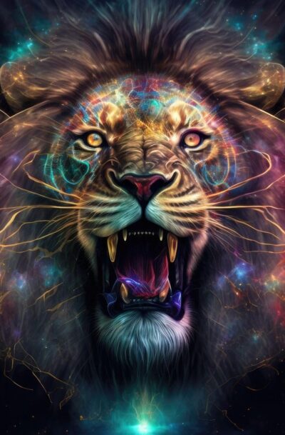 Iridescent Roar: Psychedelic Lion Wall Art by Jake Fouracre