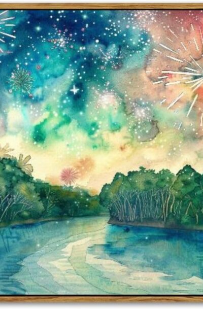 Enchanting Nature Watercolor Wall Art: Tranquil Night by River Fireworks