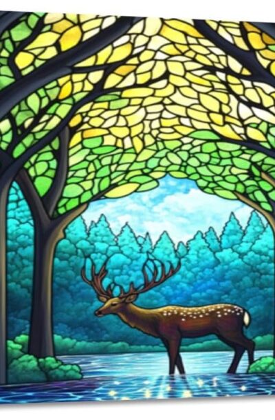 Picturesque Stained Glass Deer Wall Art featuring a Dreamy Sparkling River
