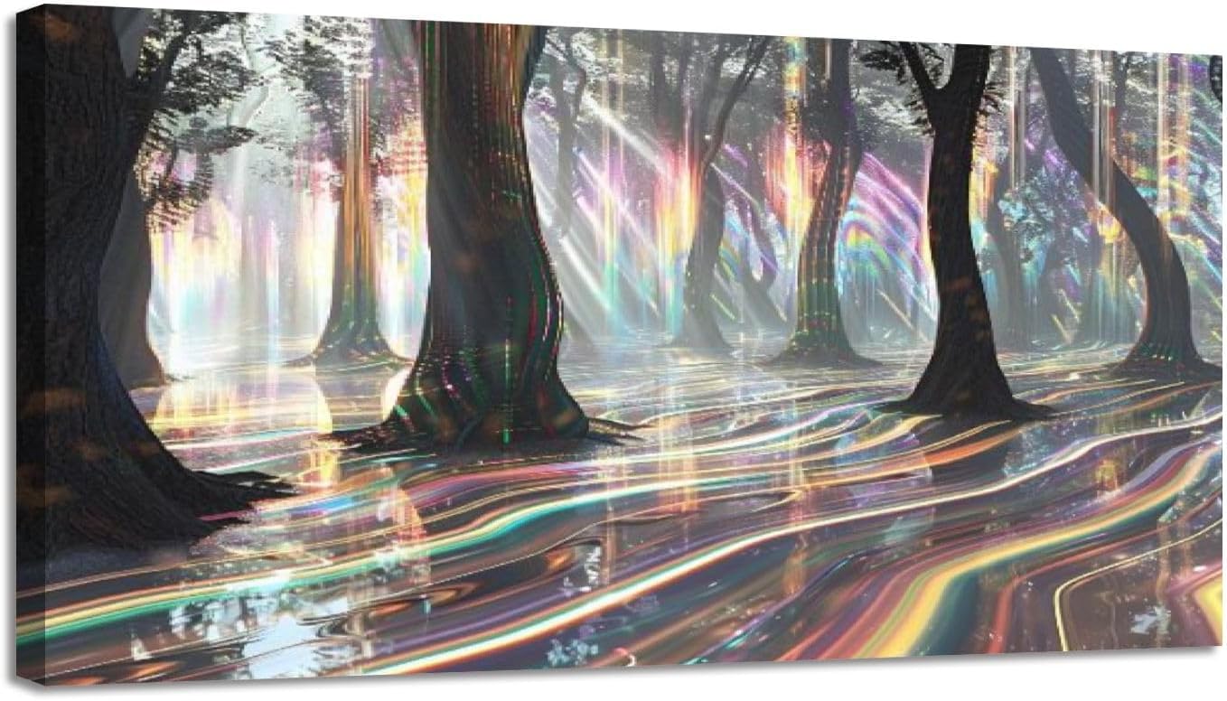 Dreamy Iridescent Wall Art: Light Forest Sunrise Rainbow Trees