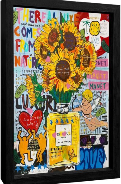 Charming Abstract Street Graffiti Wall Art: Sunflowers in Perfume Bottle