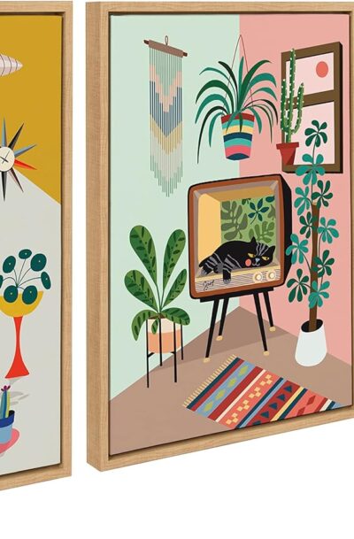 Modern Pop Wall Art Set by Rachel Lee: Charming Record Player TV Cat Bed