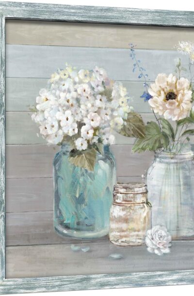 White Flower Wooden Floral Wall Art: Beautiful Botanical Blooms in Mason Jar
