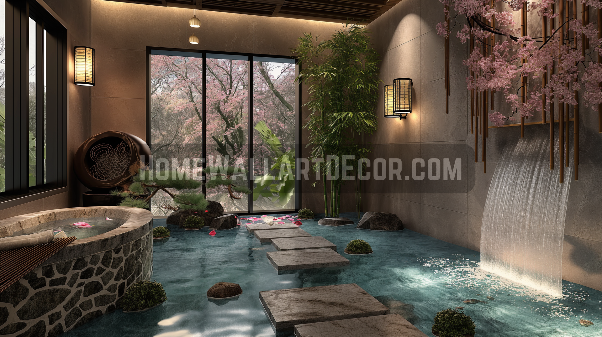 Dreamy Zen Japanese Bathroom Interior Design featuring Water and Stone