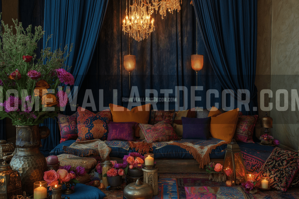 Bold Fall Bohemian Living Room Interior Design Idea Featuring Plush Pillows