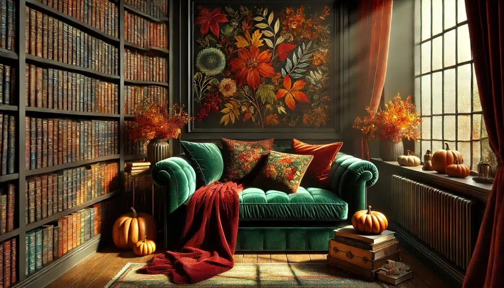 Dark Fall Decor Idea: Cozy Autumn Reading Nook featuring Warm Fall Flowers