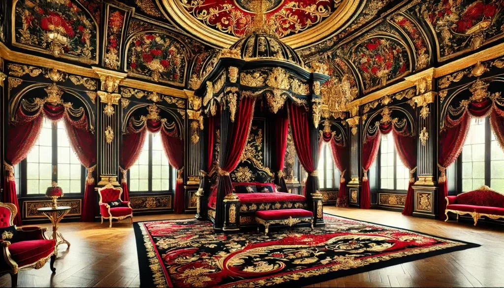 Red Black Gold Russian Revival Master Bedroom
