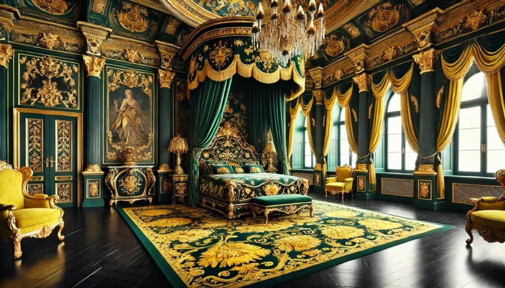 Gorgeous Dark Green and Yellow Opulent Bedroom Interior Design Idea