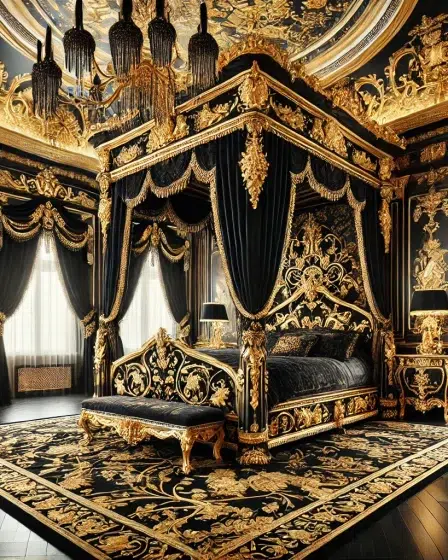 Russian Revival Interior Design: Black and Gold Russian Revival Bedroom