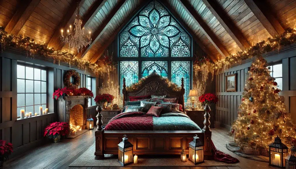Festive Christmas Farmhouse Interior Design Idea: Christmas Farmhouse Bedroom featuring Exposed beams and Stained Glass