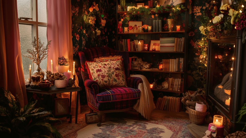 Christmas Maximalist Decor Ideas: Festive Holiday Library Reading Nook