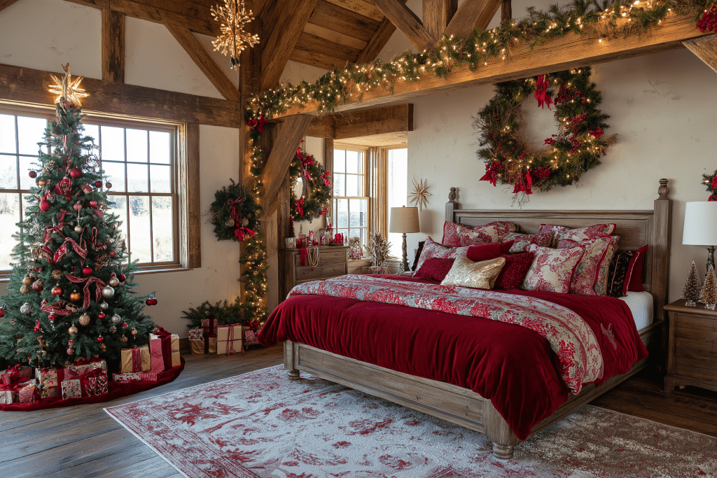 Dreamy Rustic Cozy Christmas Farmhouse Interior Design Idea: Master Bedroom
