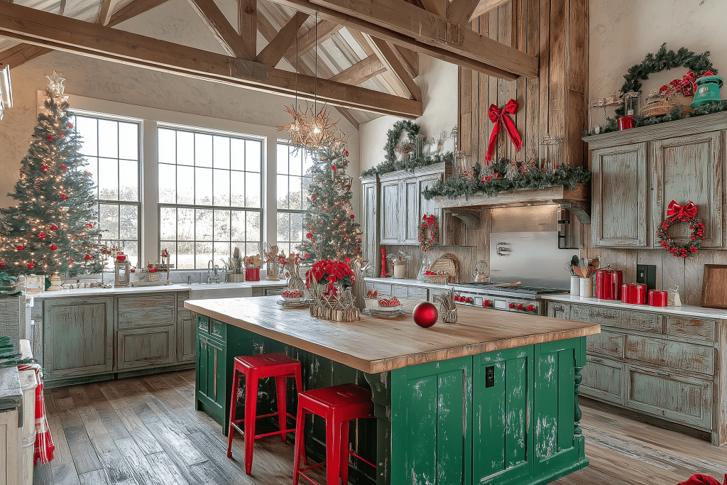 Shabby Chic Cozy Christmas Farmhouse Kitchen Interior Design Idea