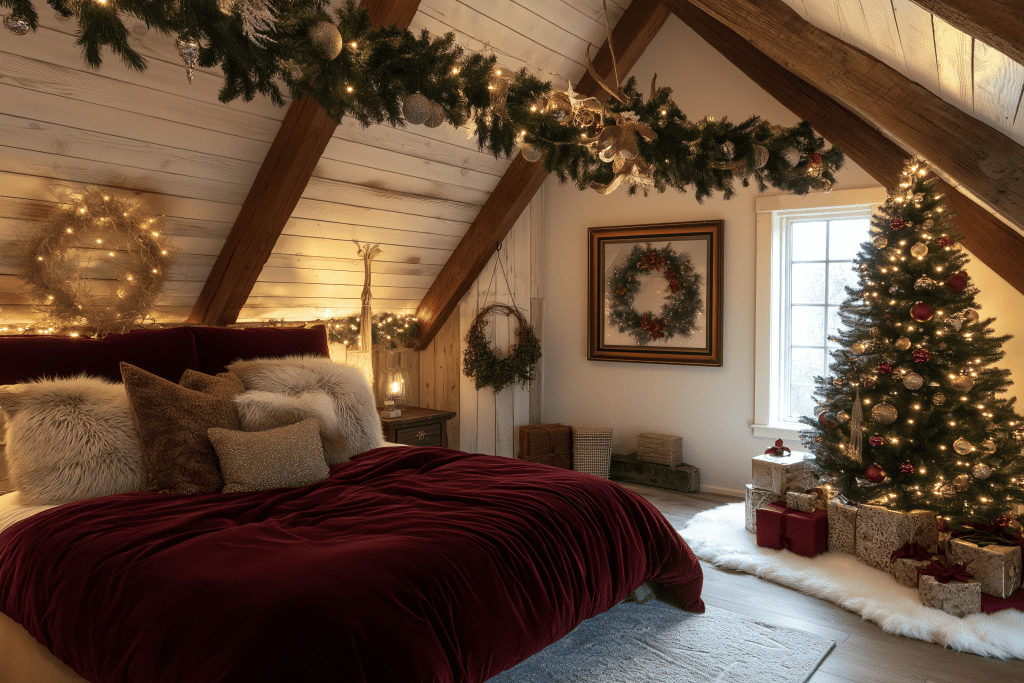 Shabby-chic Cozy Christmas Farmhouse Bedroom Interior Design Idea