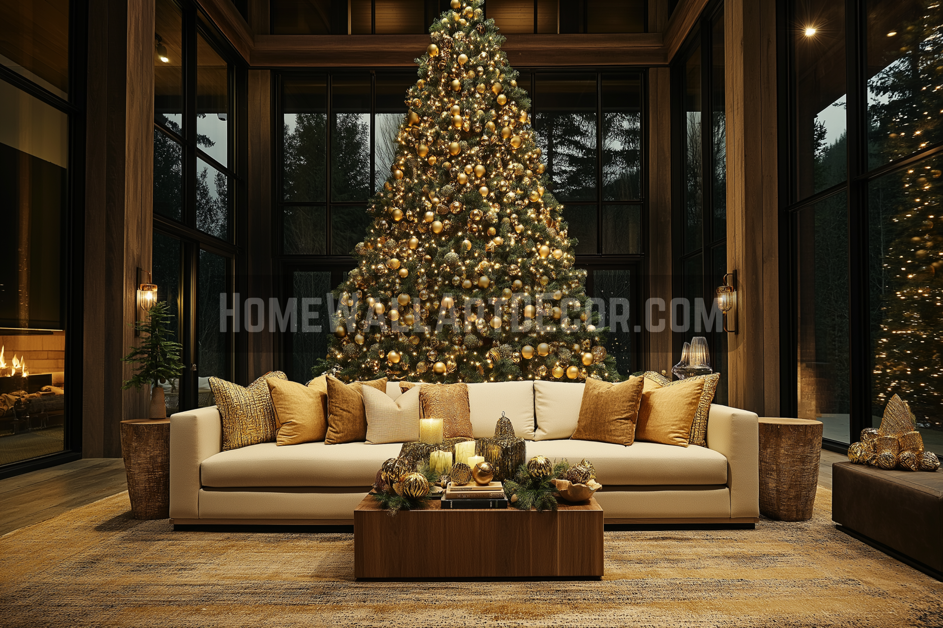 Festive yet Rustic Christmas Decoration Idea for a Grand Living Room