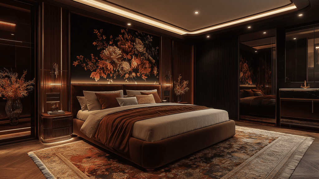 Dark Fall Decor Ideas: Lighting for a dark autumn bedroom interior design.