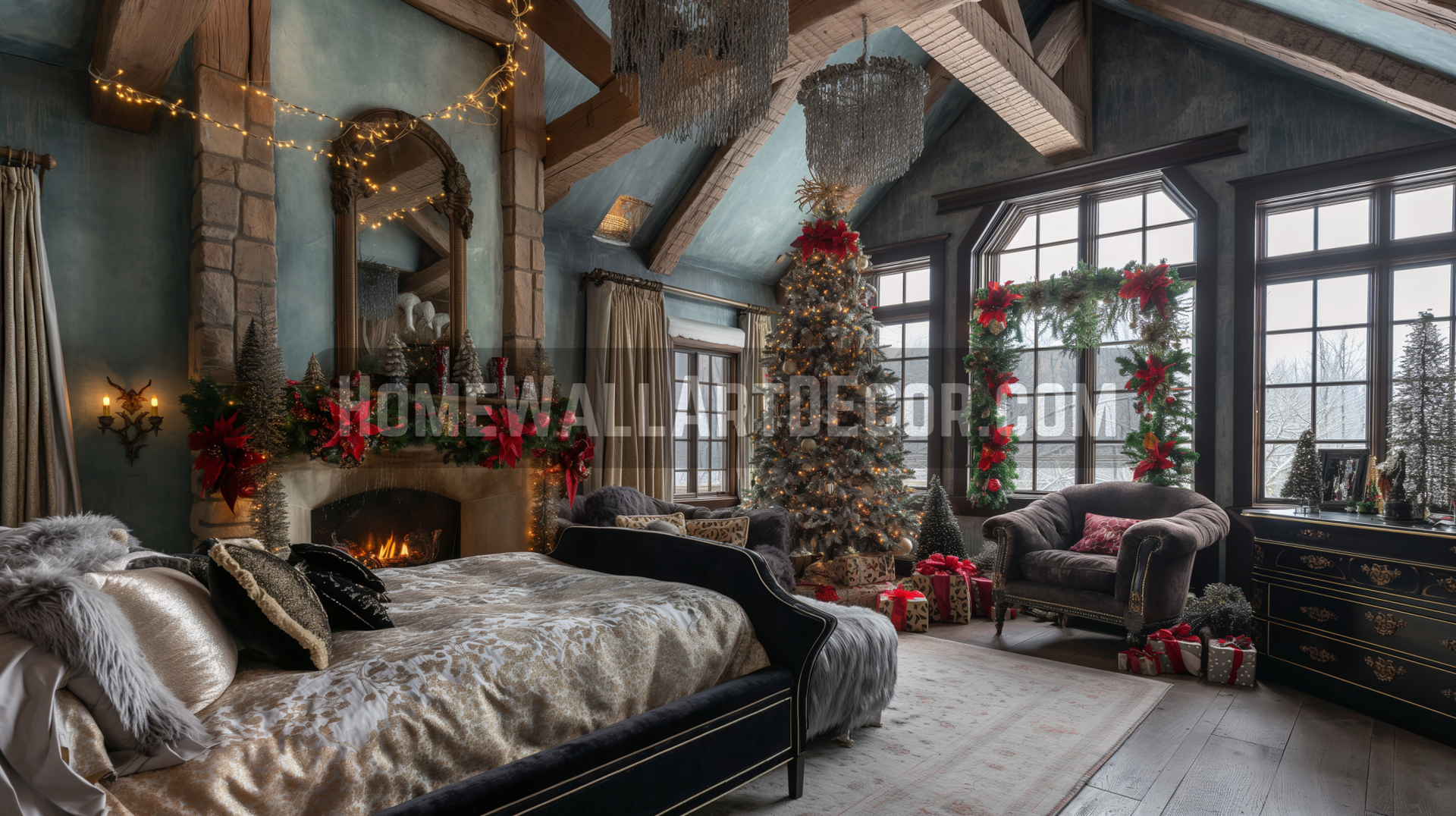 Ultra Dreamy Shabby Chic Christmas Master Bedroom Featuring Exposed Beams and High Ceilings
