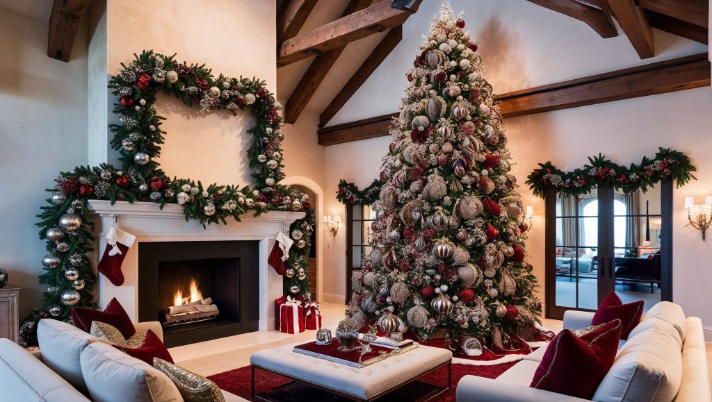Rustic Dreamy Christmas Farmhouse Interior Design Idea featuring High Ceilings and Exposed Beams 