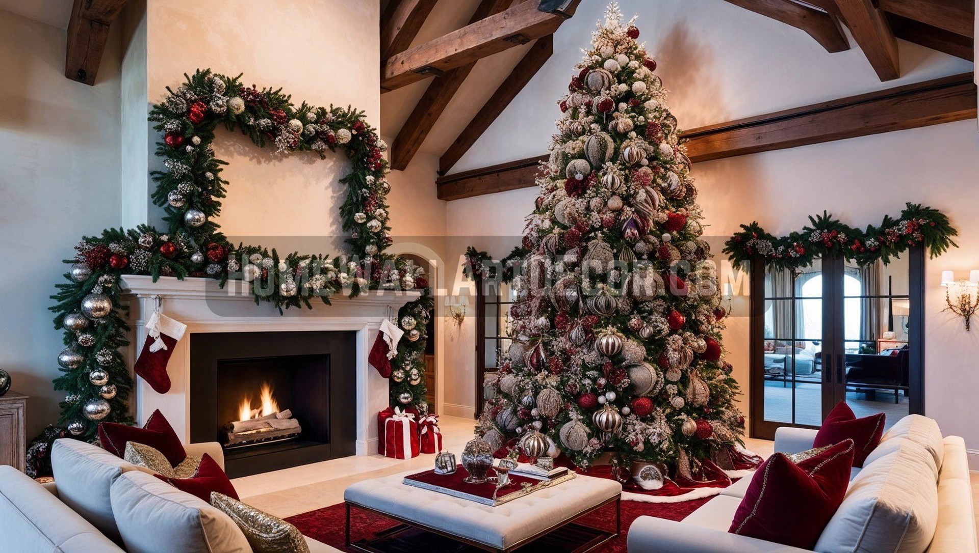 Rustic Dreamy Christmas Farmhouse Interior Design Idea featuring High Ceilings and Exposed Beams