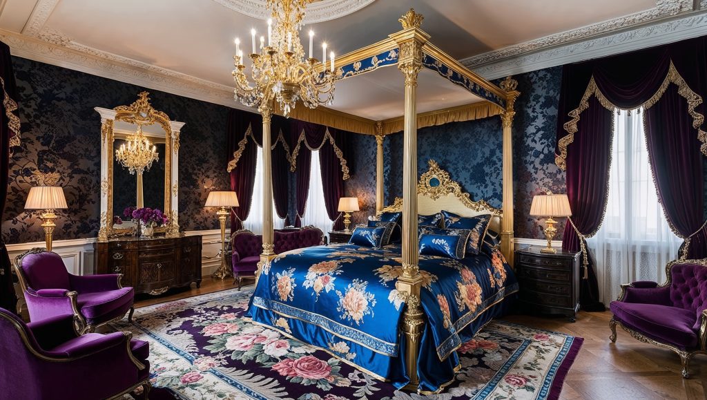 Luxurious Sapphire Blue and Gold Russian Revival Bedroom Interior Design Idea