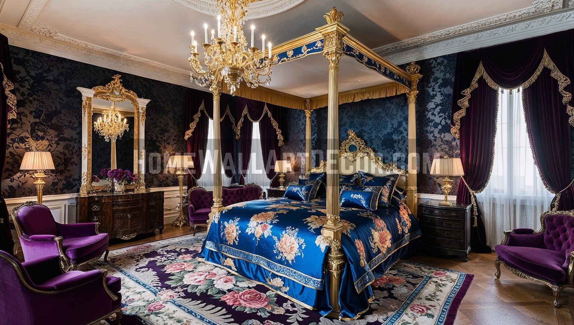 Luxurious Sapphire Blue and Gold Russian Revival Bedroom Interior Design Idea