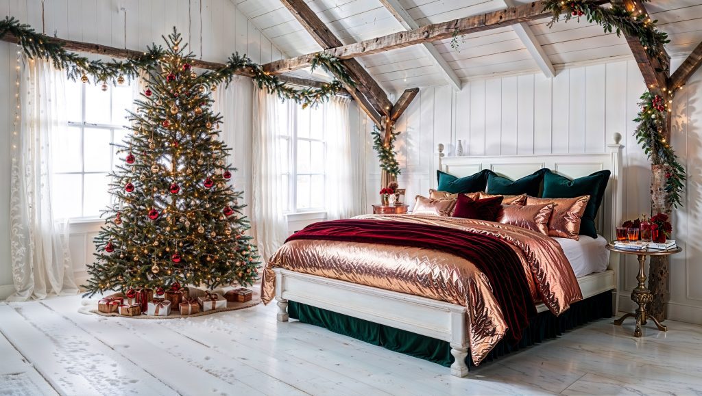 Bright White Cozy Christmas Farmhouse Interior Design Idea: Bedroom