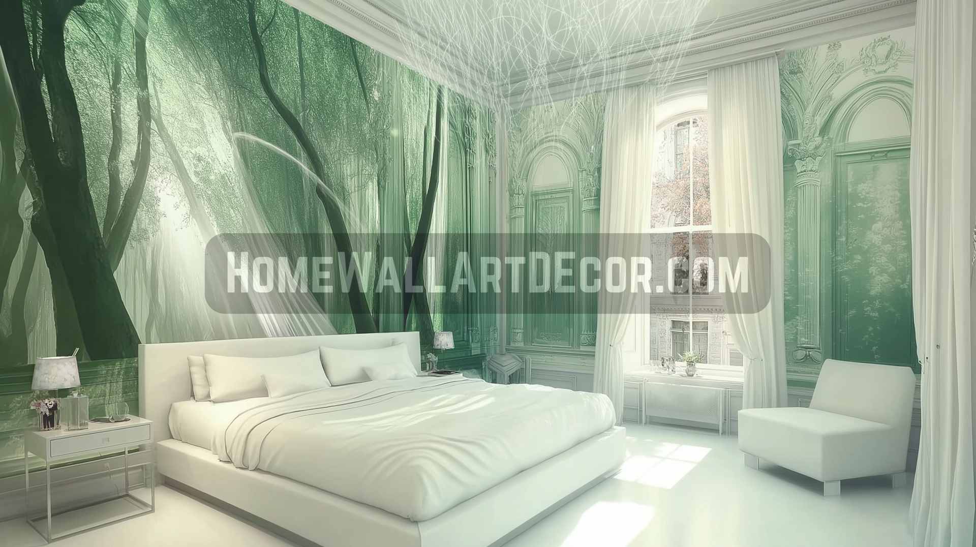 A Serene Bedroom Escape with Emerald Green Wall Art and Ethereal Details