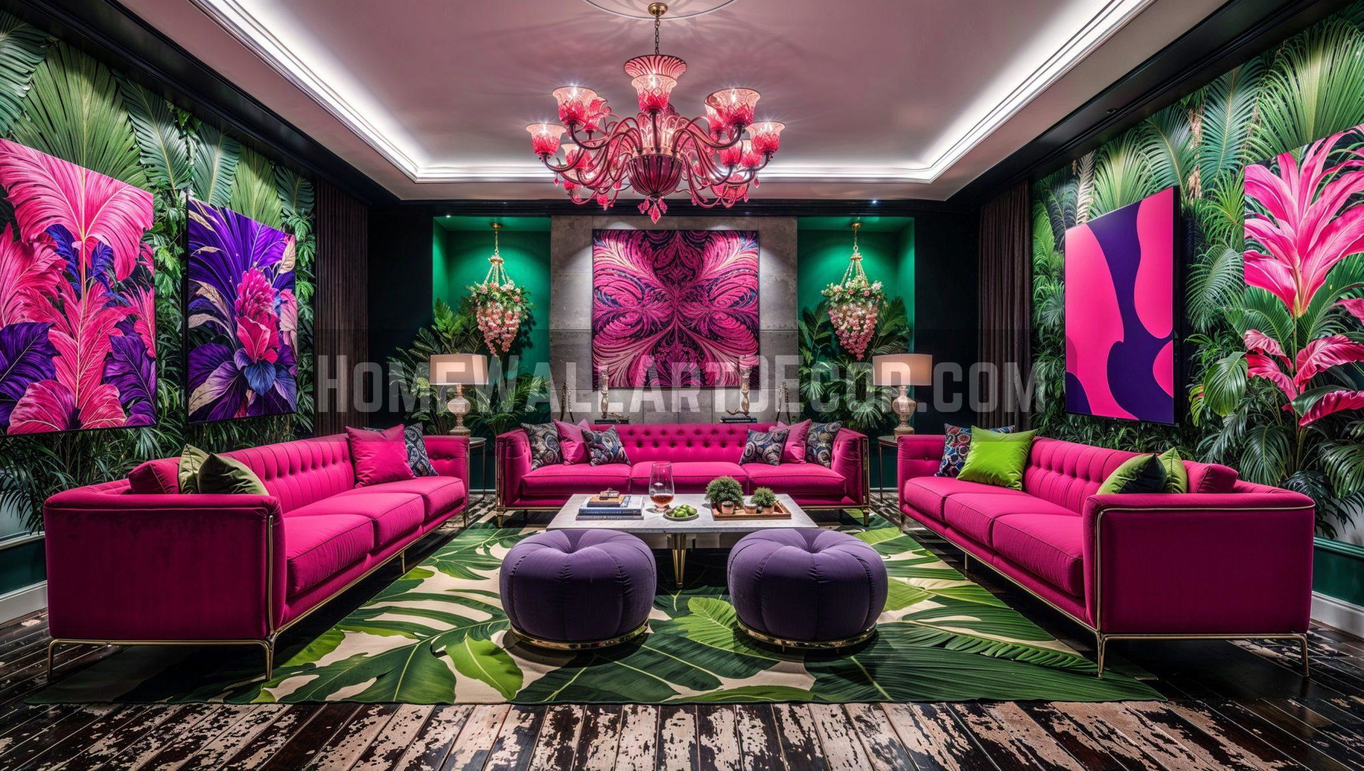 A Vivid Magenta and Green Maximalist Living Room with Tropical Wall Art