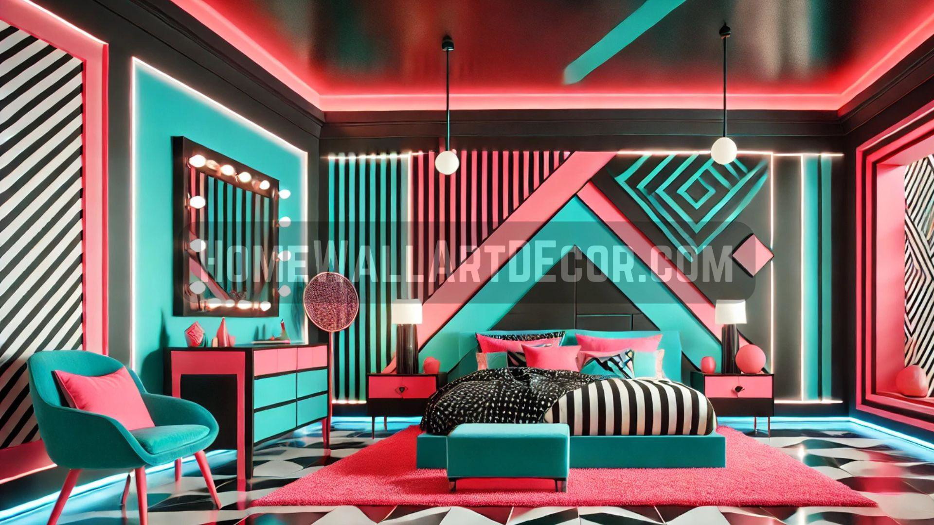 Bold Abstract Red and Blue Striped Memphis Style Interior Decorating for a bedroom