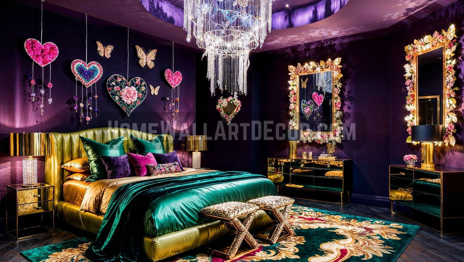 Colorful Feminine Maximalist Bedroom Featuring contemporary colorful wall decorations