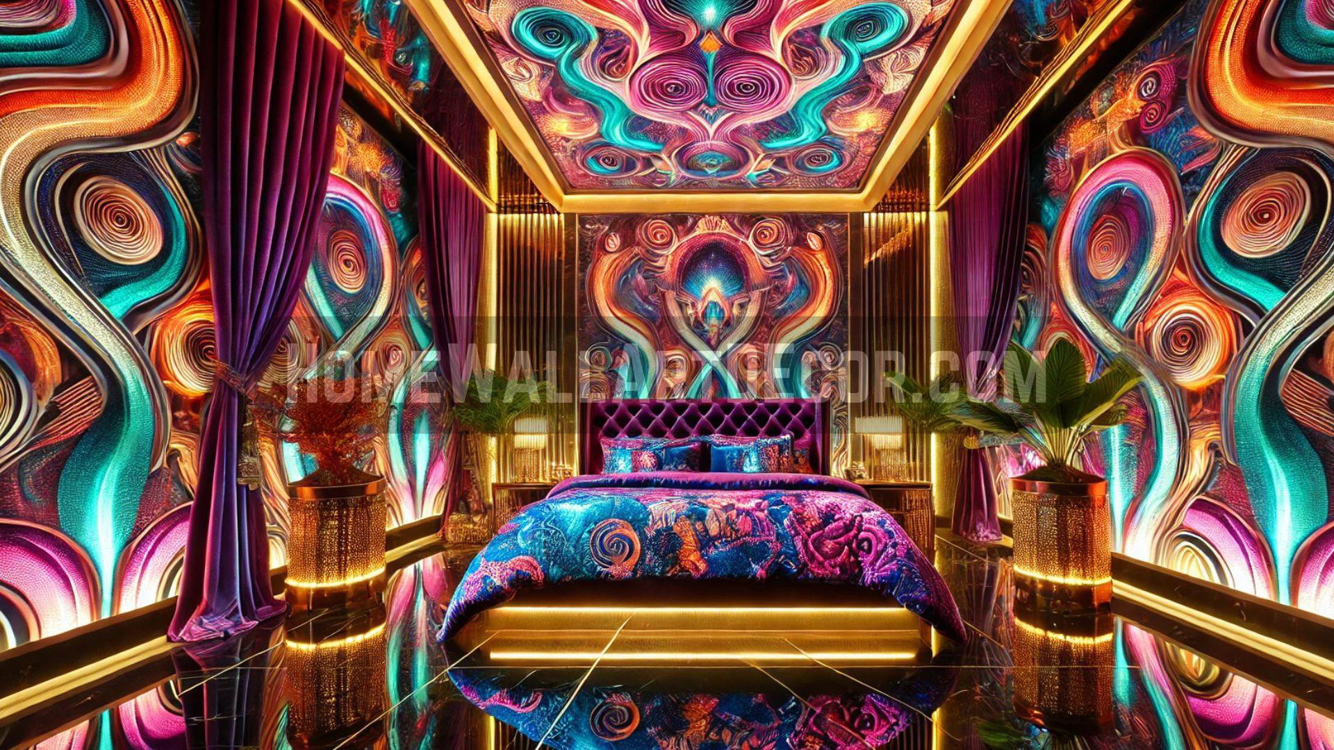 Colorful Maximalist Bedroom featuring Psychedelic Unique Decorative Wall accents