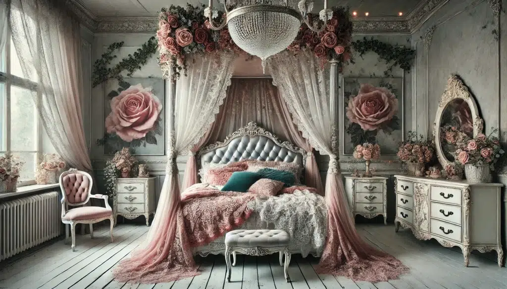 Lavish Pink Shabby Chic Bedroom featuring a luxurious canopy bed
