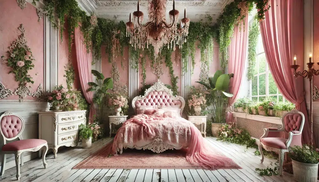 Nature Themed Botanical Pink Shabby Chic Bedroom Decor Idea