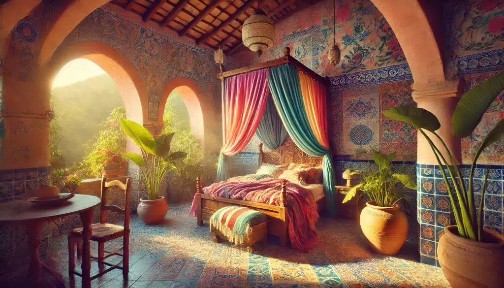 Romantic Bedroom: Mexican Home Decor Idea featuring Vibrant colorful bedding