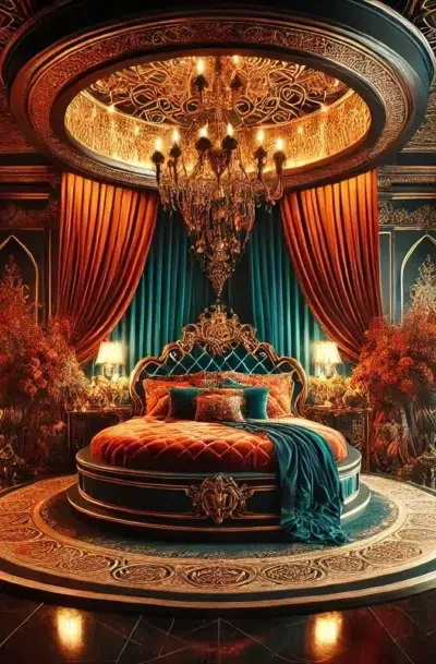Luxurious Dark Fall Whimsigoth Bedroom Featuring a Round Bed