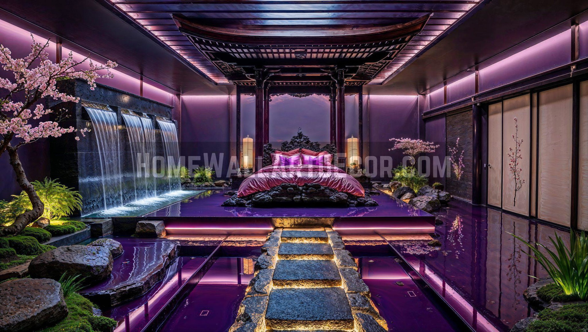 Dark Moody Japanese Bedroom – Nature Themed Purple Interior Design Idea