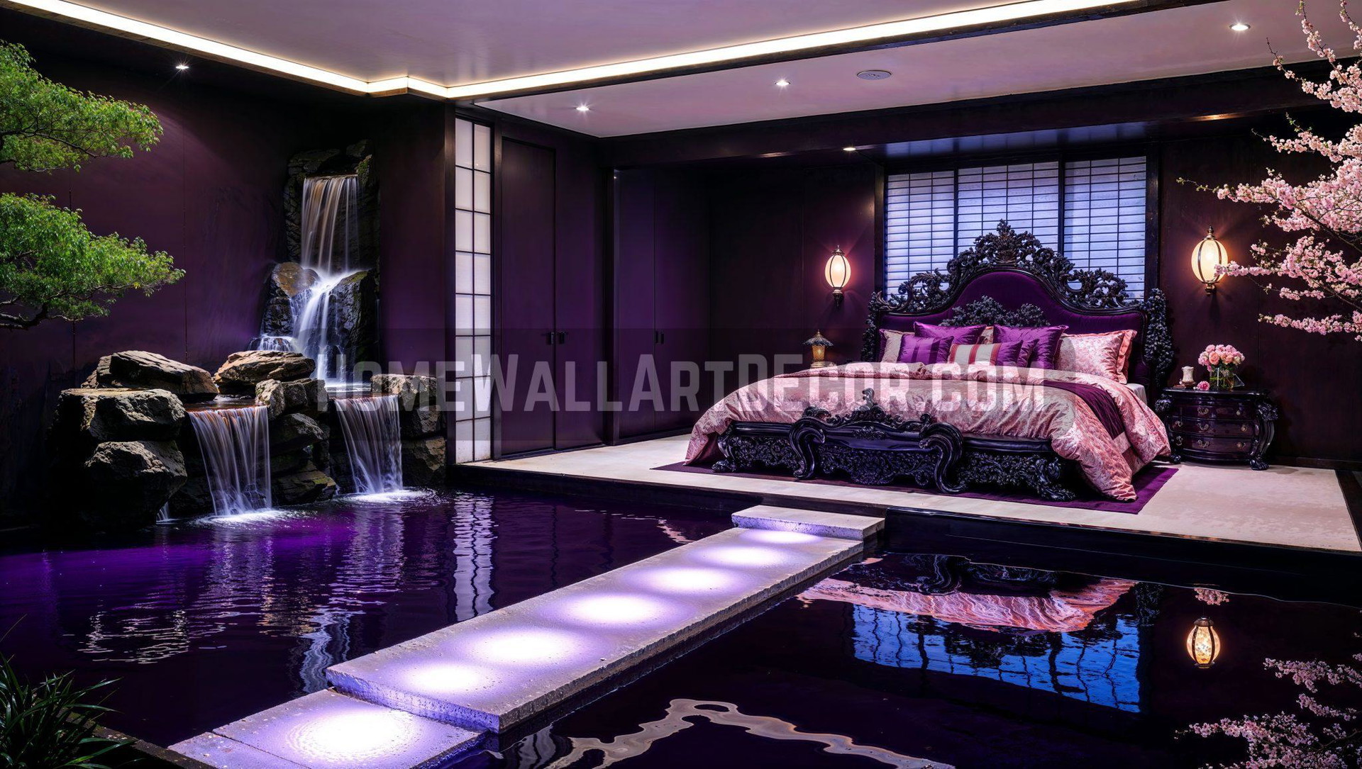 Enchanting Zen Nature Japanese Bedroom Retreat a Dark Moody Purple Interior Design Idea