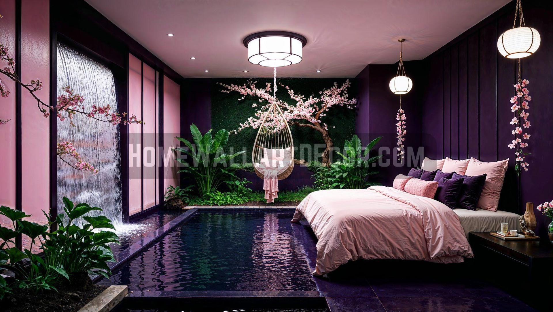 Enchanting yet Luxurious Nature Themed Japanese Bedroom – Dark Purple Interior Design Idea