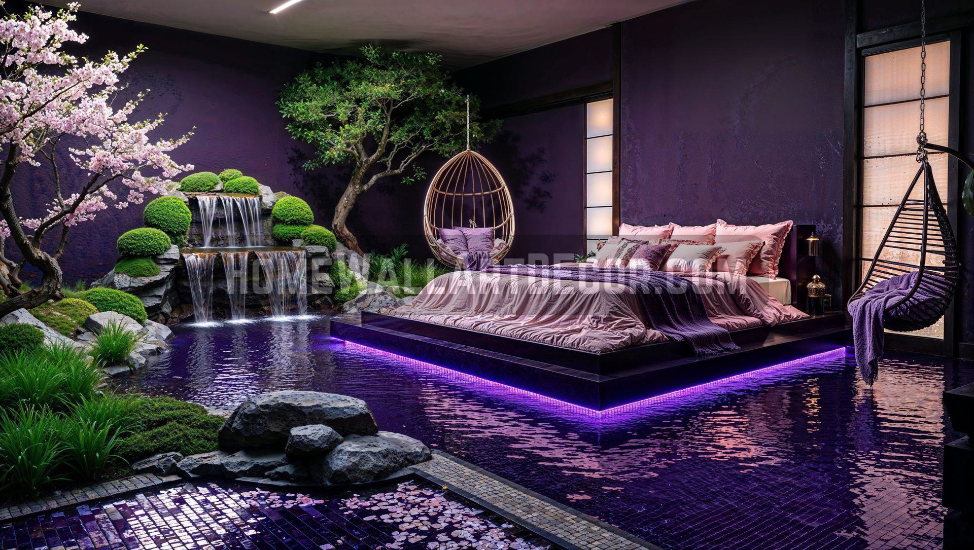 Lavish Nature Themed Japanese Bedroom – Dark Purple Interior Design Idea