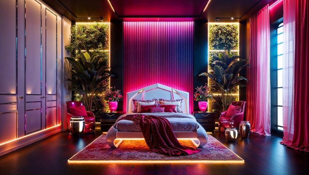 Luxurious Colorful Cyberpunk Feminine Bedroom featuring Pink and Purple Ombre Wall Art
