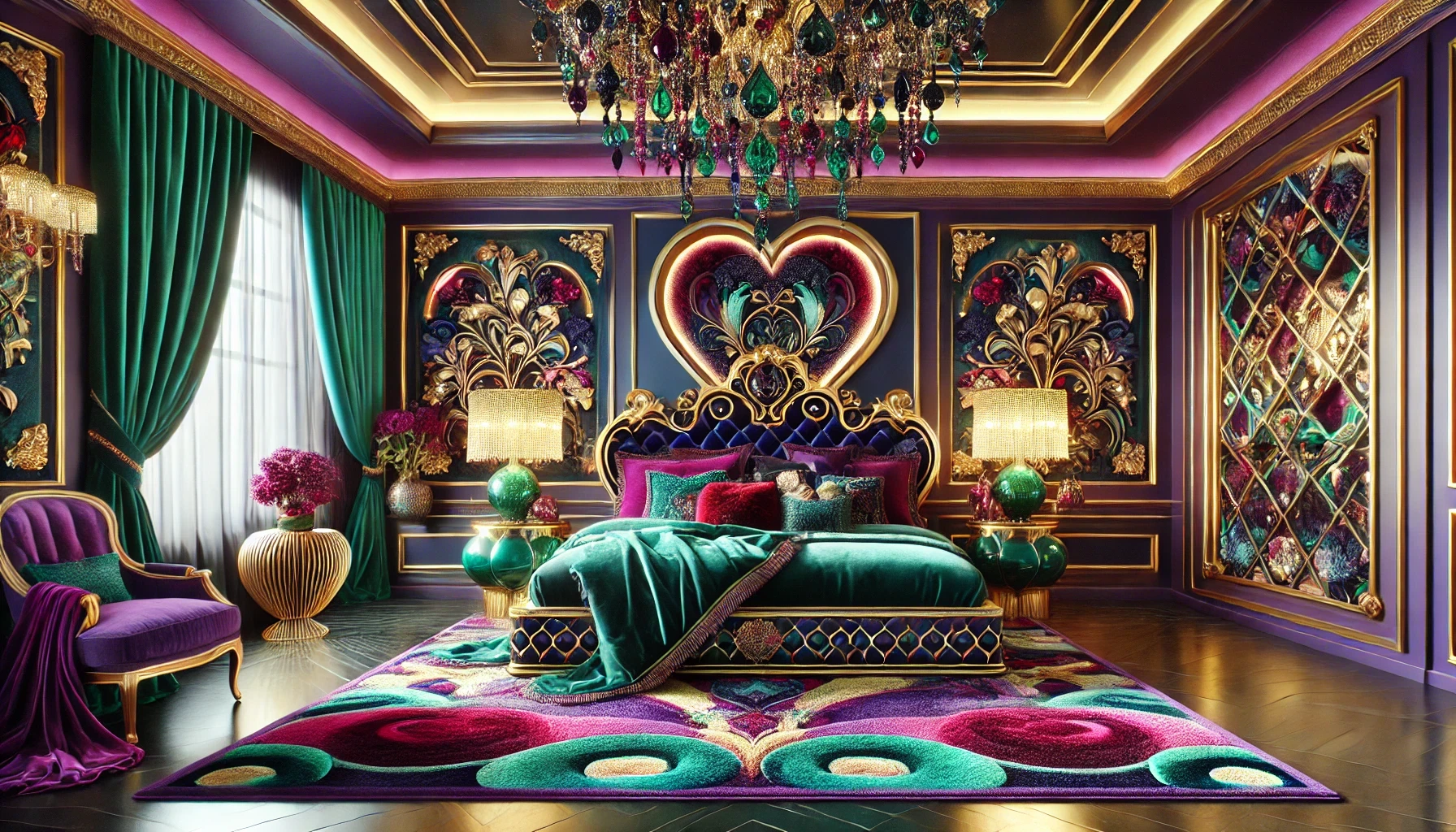 Luxurious Maximalist Bedroom Featuring Colorful Contemporary Wall Decorations